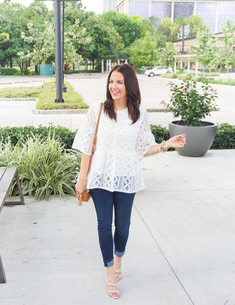 summer outfit | bright white lace blouse | floral strappy sandals | Houston Fashion Blog Lady in Violet