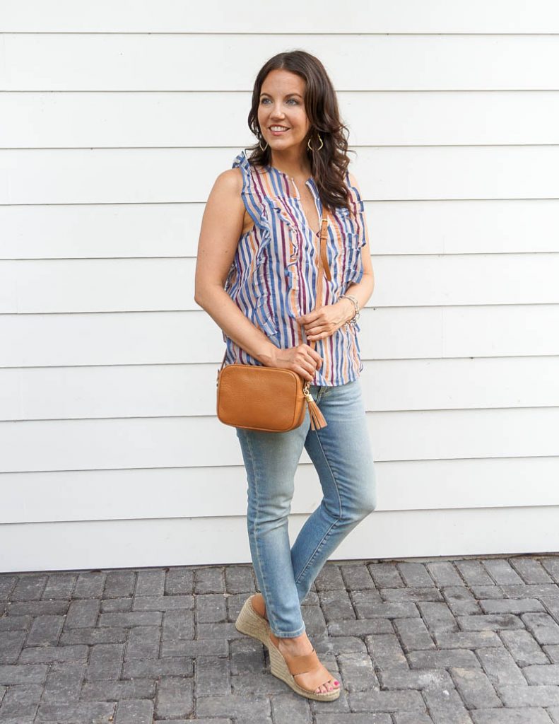 summer outfit | colourful striped top | tan crossbody bag | Texas Fashion Blogger Lady in Violet