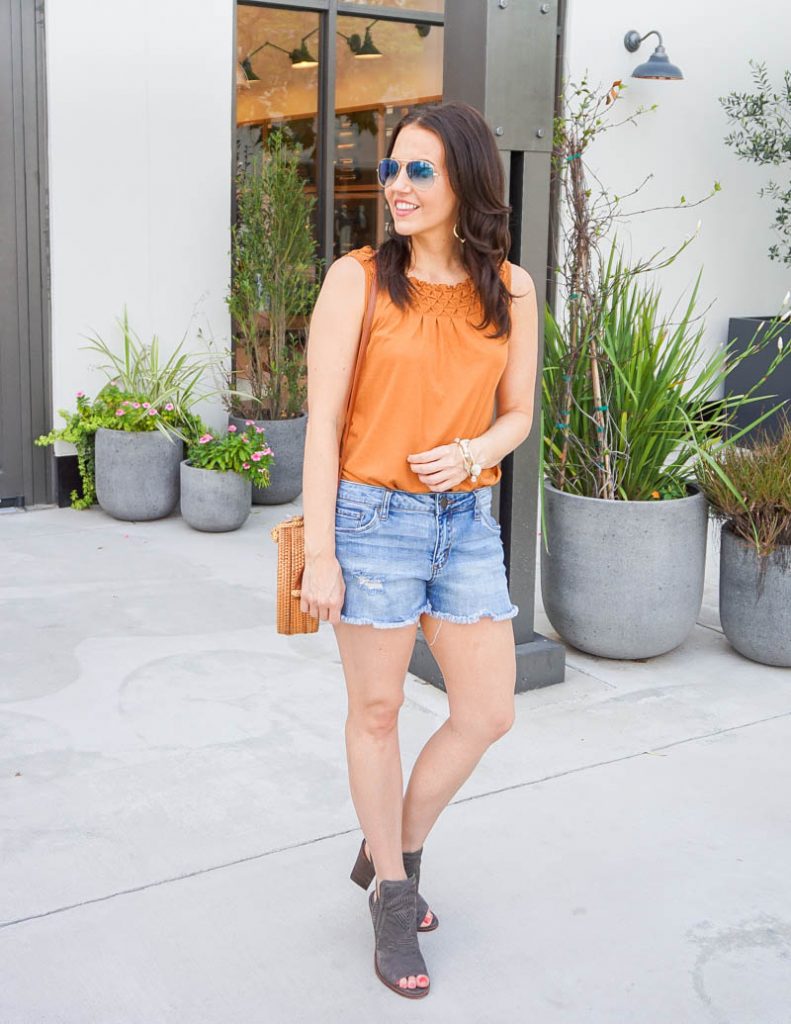 summer outfit | orange tank top with light blue jean shorts | Petite Fashion Blog Lady in Violet