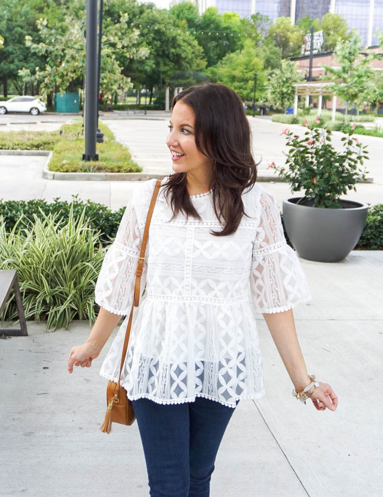 casual outfit | affordable white lace blouse | tan small crossbody purse | Petite Fashion Blogger Lady in Violet