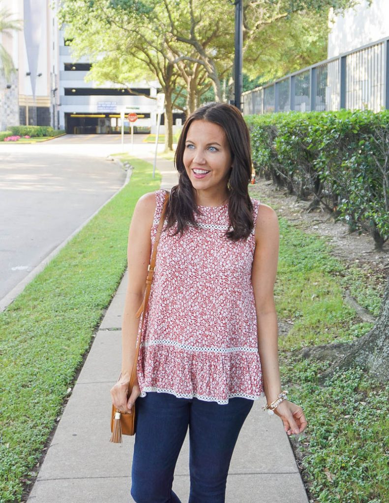 casual outfit | red floral top | stone bangles bracelets | Everyday Fashion Blog lady in Violet