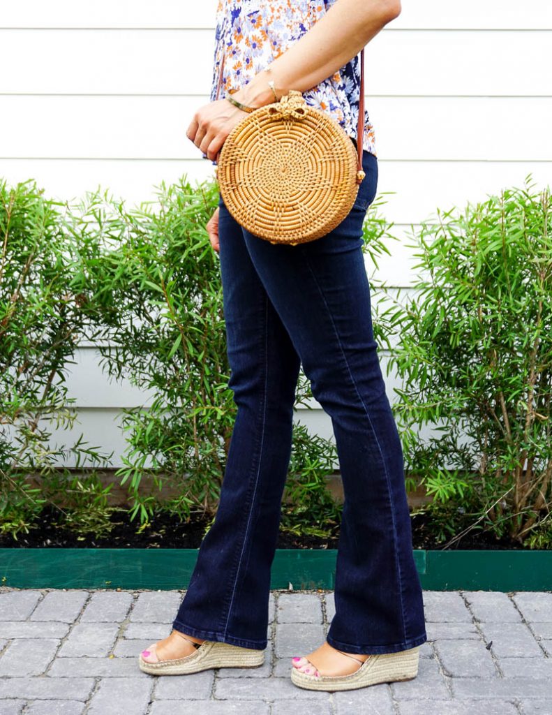 spring outfit | flared jeans for petites | espadrille wedge sandals | Casual Fashion Blog Lady in Violet