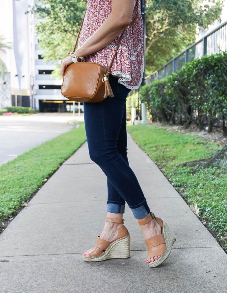 summer outfit | dark wash denim with brown espadrille wedges | Petite Fashion Blogger Lady in Violet