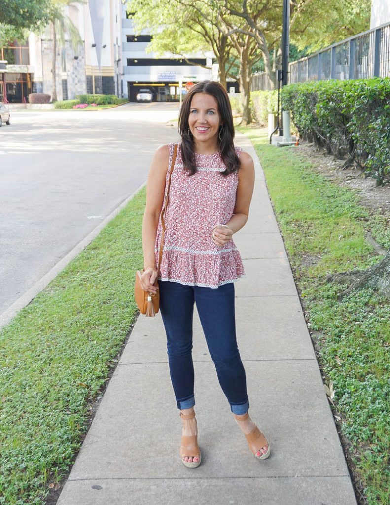 casual spring outfit | red and white sleeveless top light | brown wedge sandals | Texas Fashion Blogger Lady in Violet