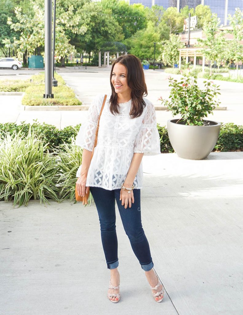 spring outfit | white lace blouse with sleeves | dark wash jeans | Casual Fashion Blog Lady in Violet