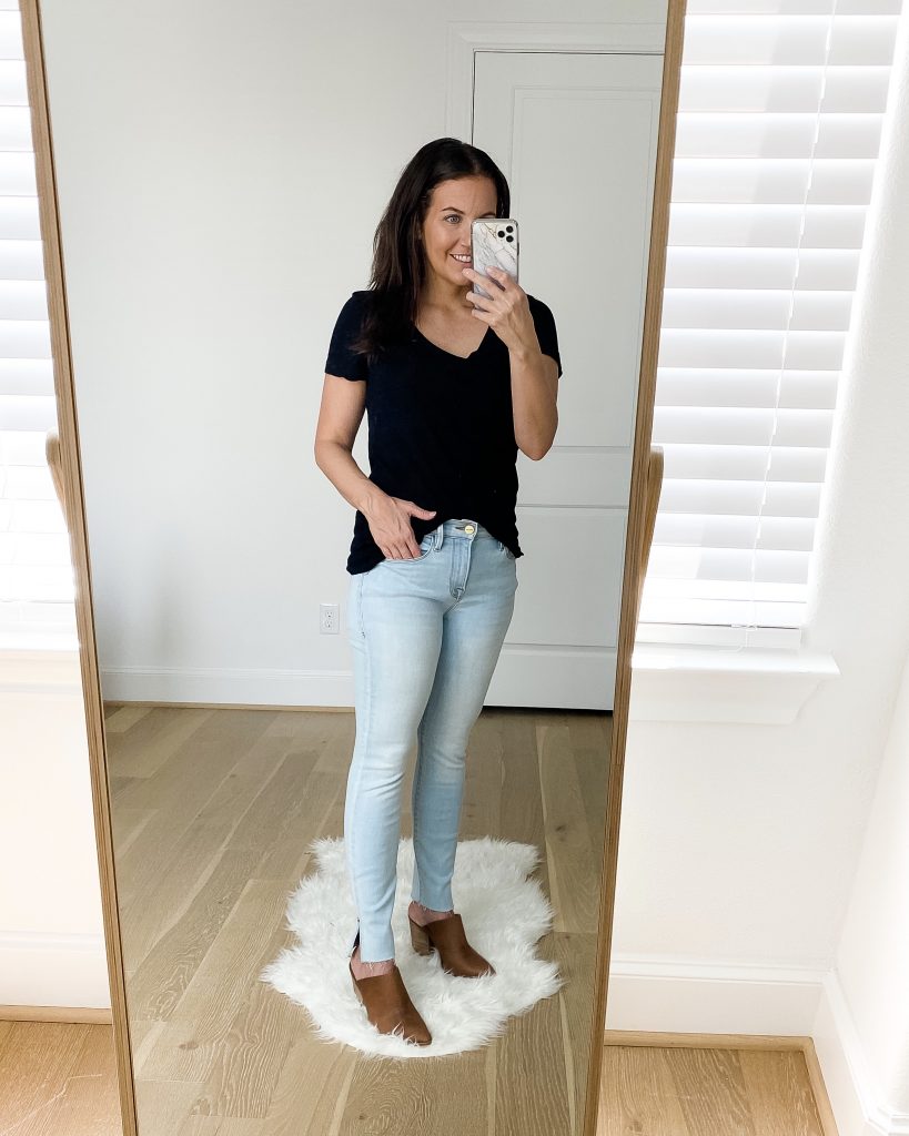 fall fashion | black short sleeve tee | light wash jeans | brown mules | Affordable Fashion Blog Lady in Violet