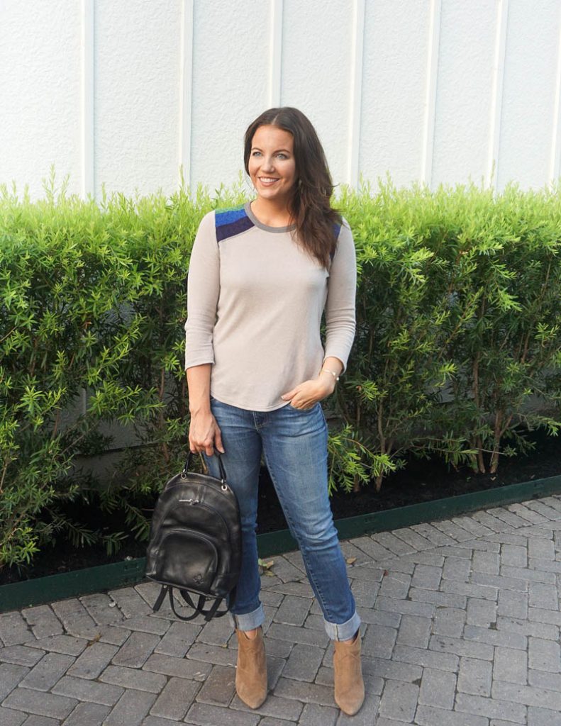 fall outfit | gray mid length sleeve tee with cuffed blue jeans | Affordable Fashion Blog Lady in Violet