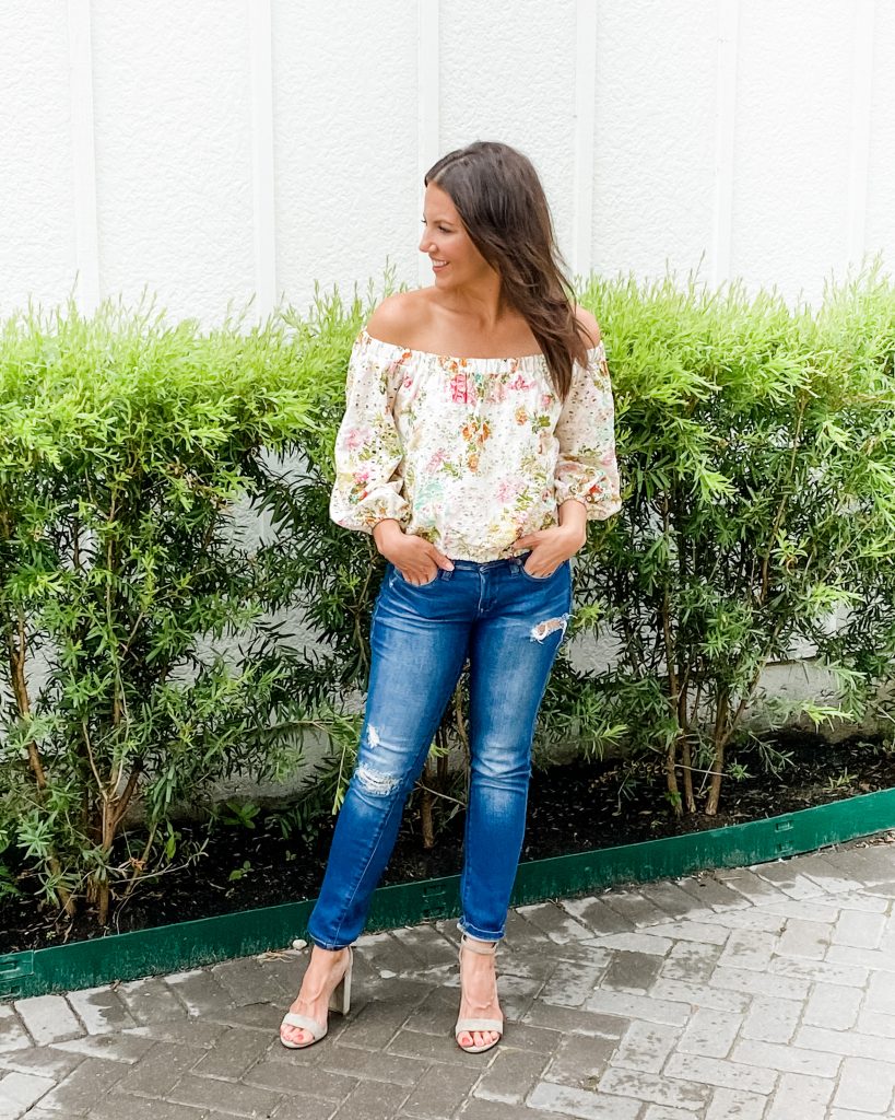 spring outfit | floral off the shoulder top | distressed jeans | Petite Fashion Blog Lady in Violet