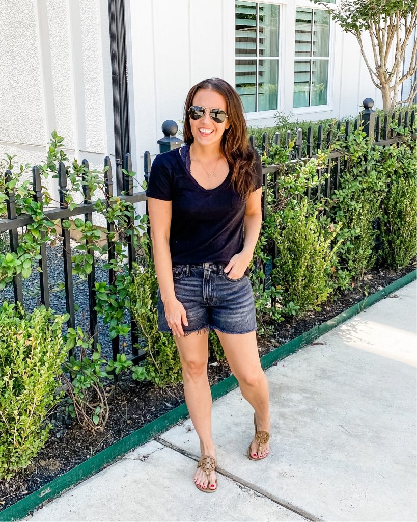 summer outfit | short sleeve black tshirt | faded black jean shorts | Petite Fashion Blog Lady in Violet