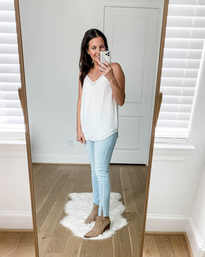 spring fashion | white cami top with adjustable straps | light brown booties | Everyday Fashion Blog Lady in Violet