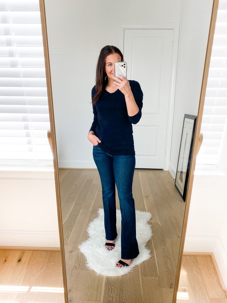 nsale try on | long sleeve black tee | dark wash flared jeans | Petite Fashion Blog Lady in Violet