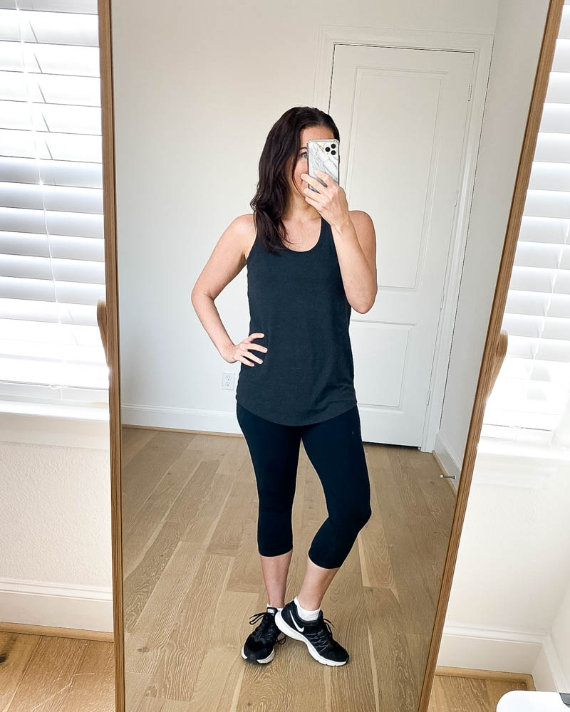 workout outfit | dark gray tank top | cropped black leggings | Affordable Fashion Blog Lady in Violet