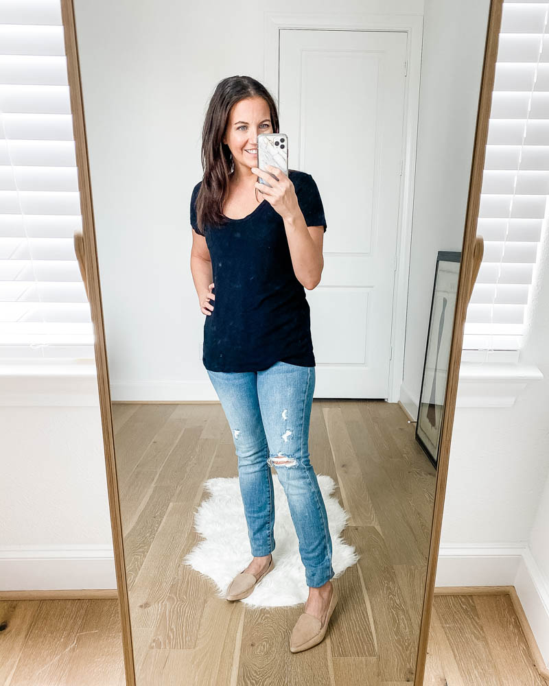 casual outfits | black short sleeve tee | faded blue distressed jeans | Popular US Fashion Blog Lady in Violet