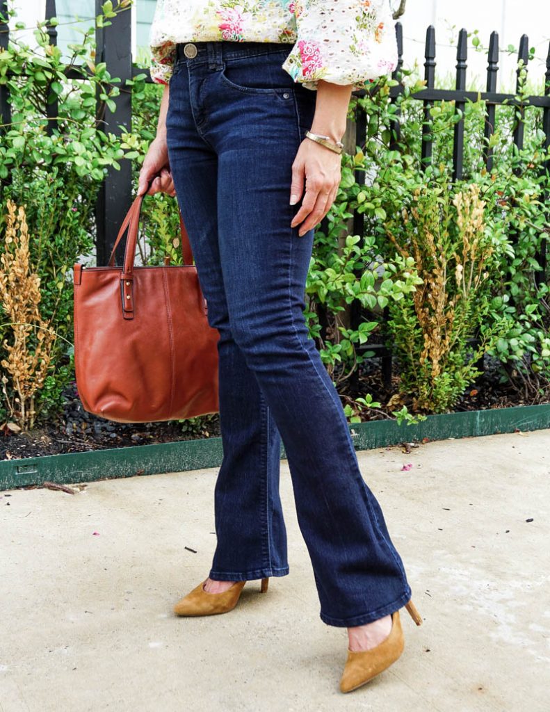 fall fashion | petite flared jeans | brown suede heels | Casual Fashion Blog Lady in Violet