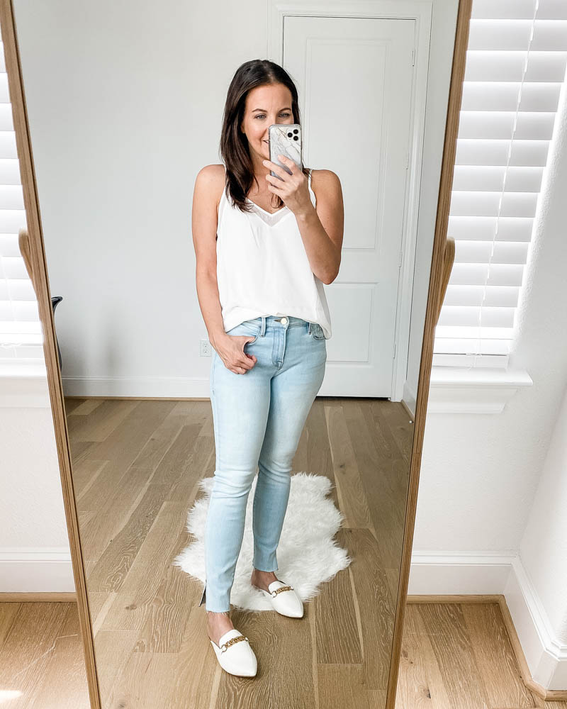 petite fashion | light wash frayed hem jeans | white slides shoes | Casual style blog Lady in Violet