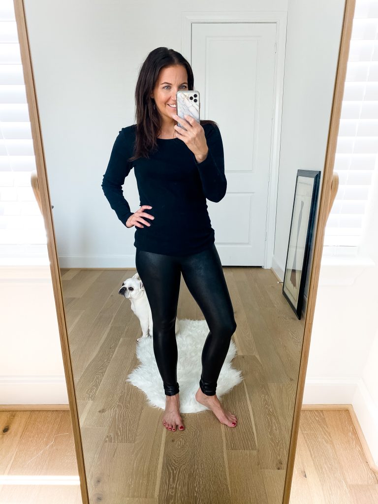 nsale try on session | long sleeve black tee | spanx faux leather leggings | Petite Fashion Blogger Lady in Violet