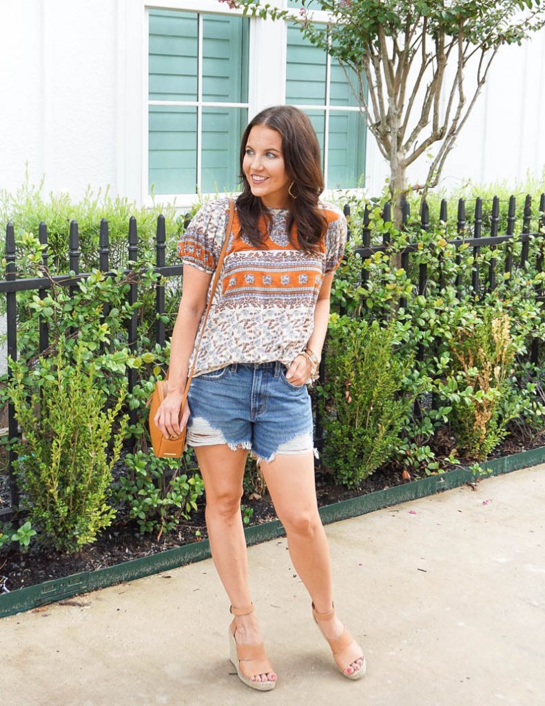 summer style | burnt orange tunic tee | cutoff jean shorts | Casual Fashion Blog Lady in Violet