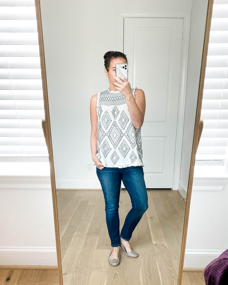 casual outfit | white sleeveless top | gray leather flats | Popular US Fashion Blog Lady in Violet
