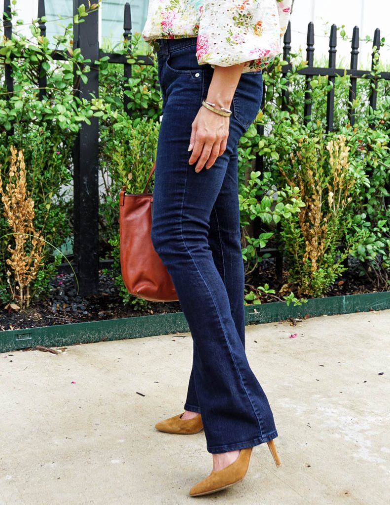 fall fashion | dark wash flared jeans | light brown heels | Affordable Fashion Blogger lady in Violet