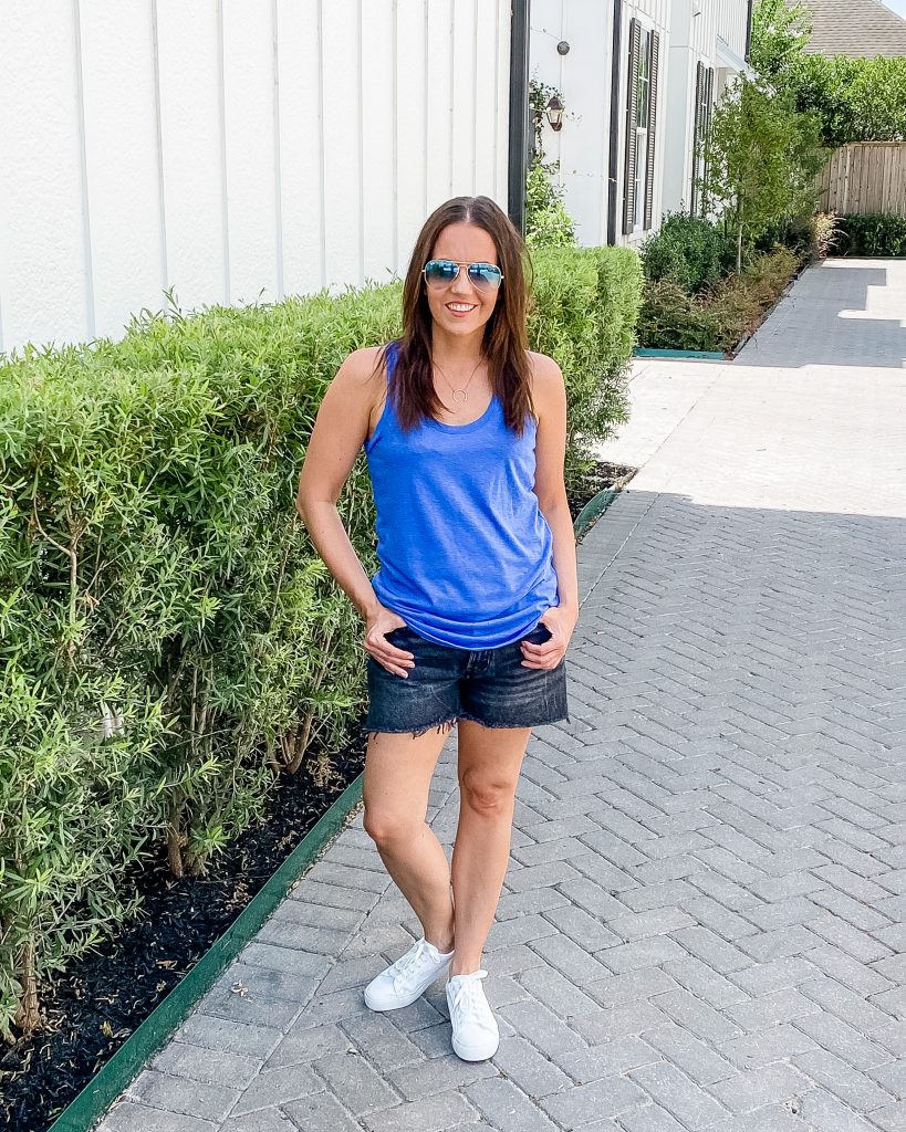 summer fashion | blue tank top | faded black denim shorts | Casual Style Blog Lady in Violet