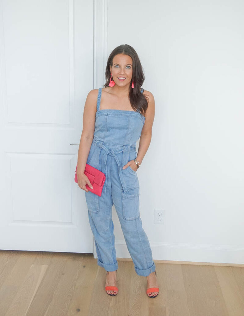 summer outfit | denim jumpsuit | pink block heel sandals | Houston Fashion Blog Lady in violet