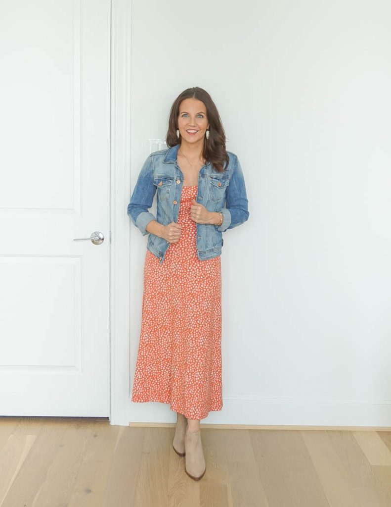 fall outfit | denim jacket over orange floral sundress | booties | Casual Fashion Blog Lady in Violet