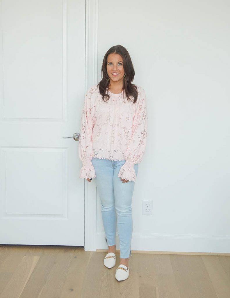 casual outfit | light pink lace blouse | light blue skinny jeans | white slides | Texas Fashion Blog Lady in Violet