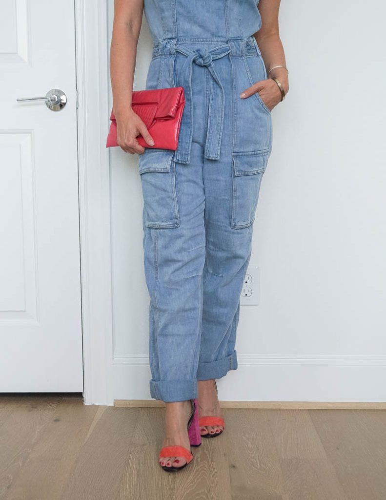 summer girls night out outfit | denim overalls | pink strappy heels | Texas Fashion Blog Lady in Violet