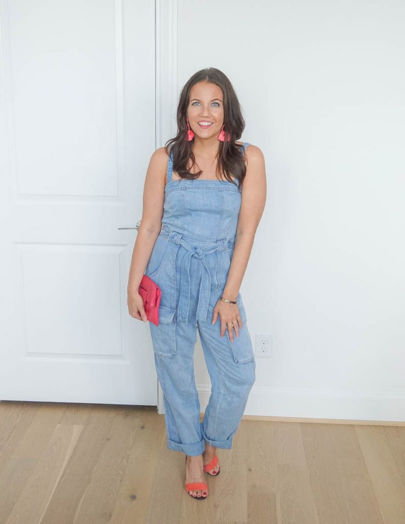 summer fashion | denim jumpsuit | pink clutch purse | Petite Fashion blogger Lady in Violet