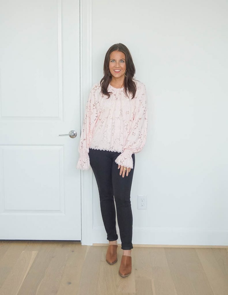 fall outfit | light pink long sleeve top | black skinny jeans | brown mules | Casual Outfits Blog Lady in Violet