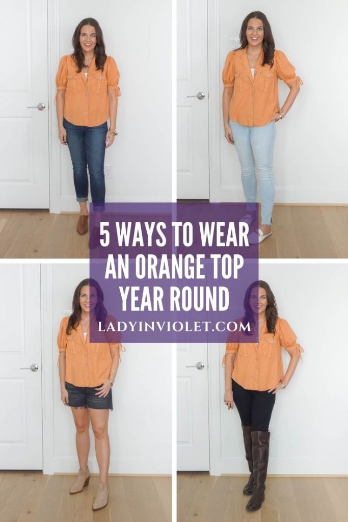 five ways to wear an orange top year round | casual fashion outfits | Petite fashion blogger Lady in Violet