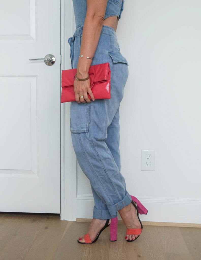 summer outfit | denim open back jumpsuit | pink block heel sandals | Southern Style Blog Lady in Violet