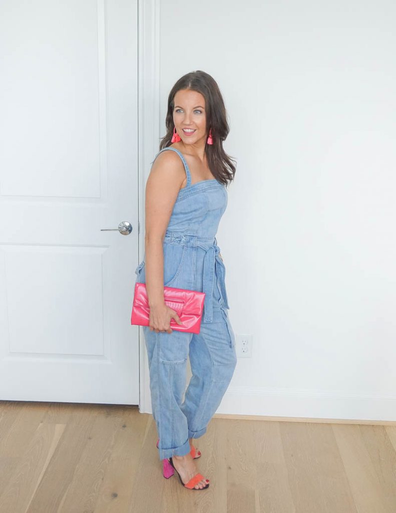 cute date night outfit | denim jumper | colorful heels | Everyday Fashion Blog Lady in Violet