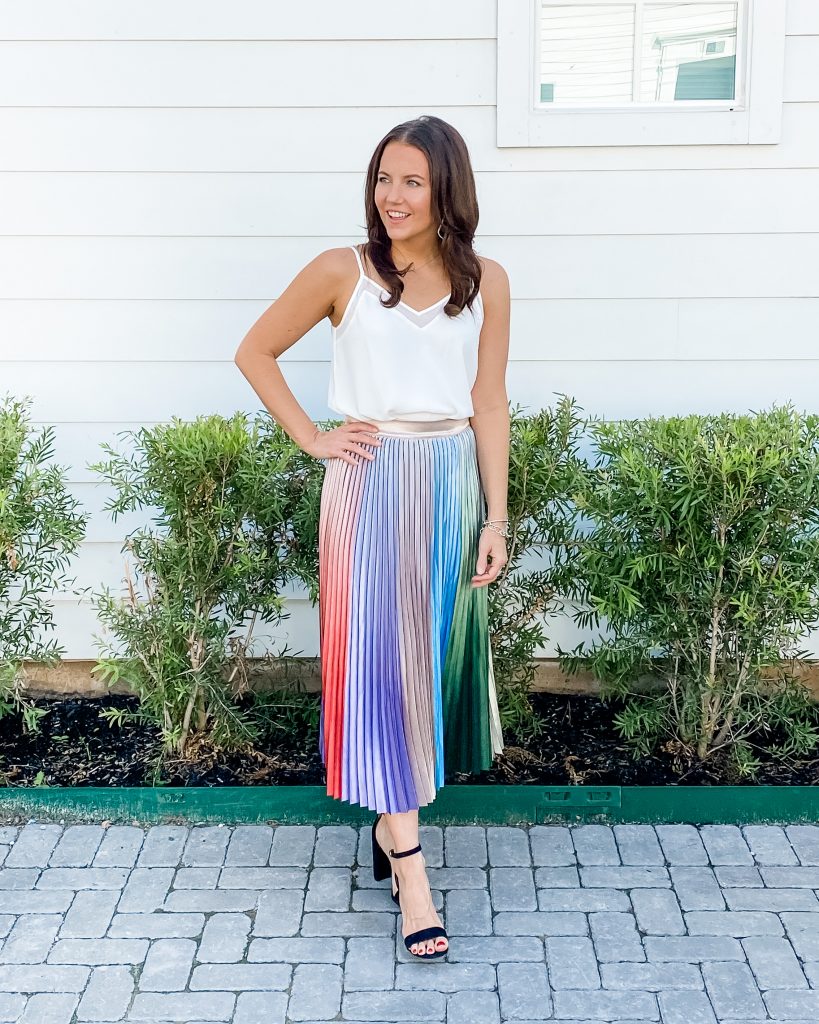 date night outfit | bridal shower outfit | white cami | pleated midi skirt | Petite Fashion Blog Lady in Violet