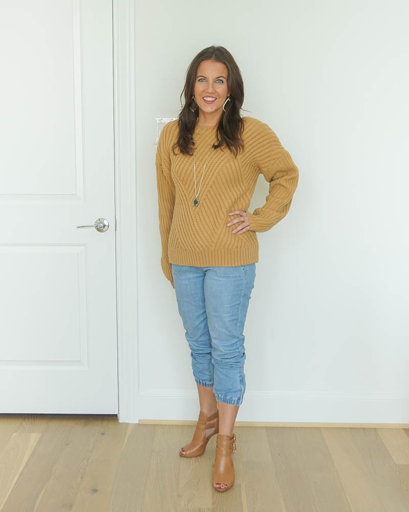 fall outfit | denim joggers | brown sweater | Petite Fashion Blogger Lady in Violet