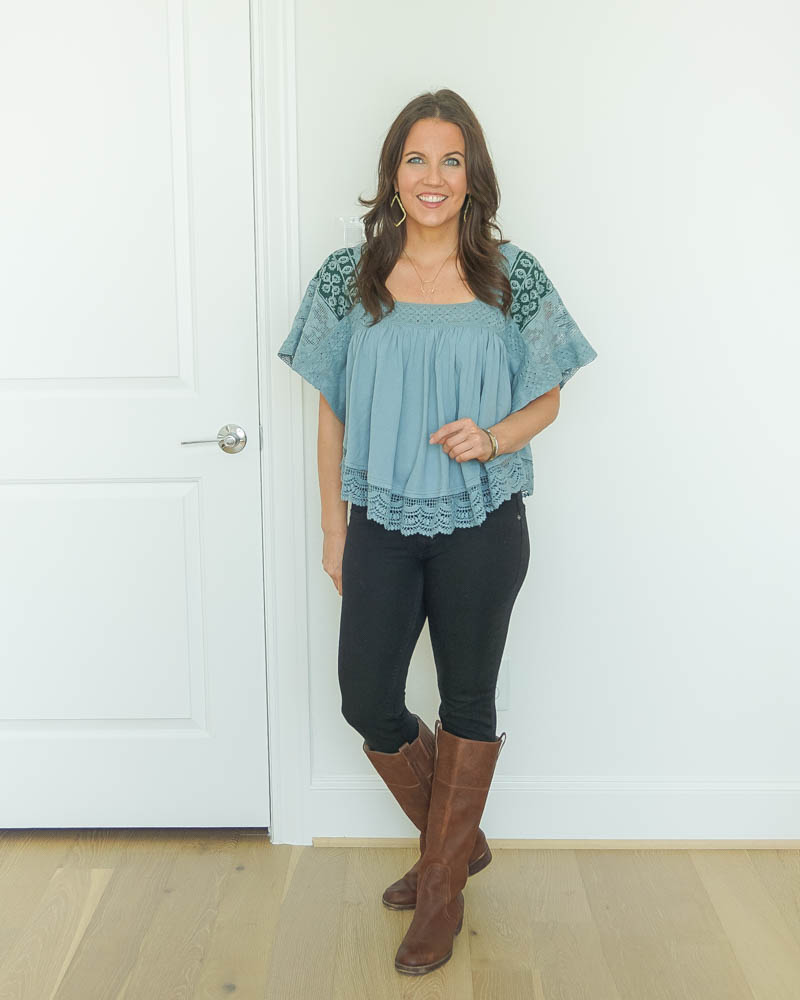 fall outfits | blue flowy top | brown boots | Houston Fashion Blog Lady in Violet