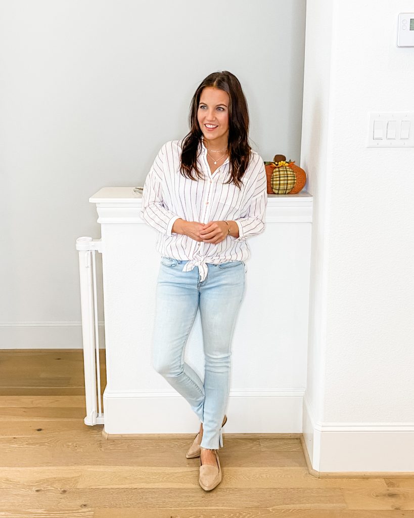 work at home outfit | striped button down top | light blue jeans | Petite Fashion Blog Lady in Violet