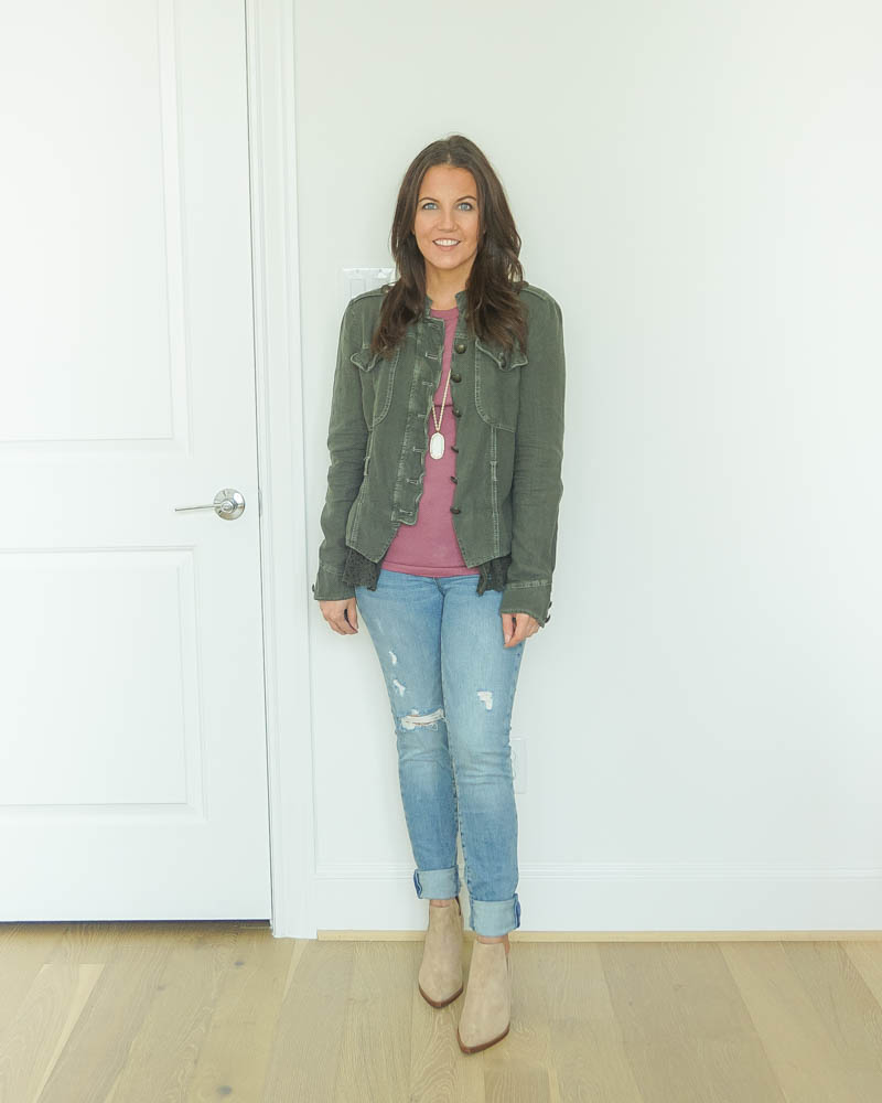 casual fall outfit | lace trip jacket | distressed jeans | Texas Fashion Blog Lady in Violet