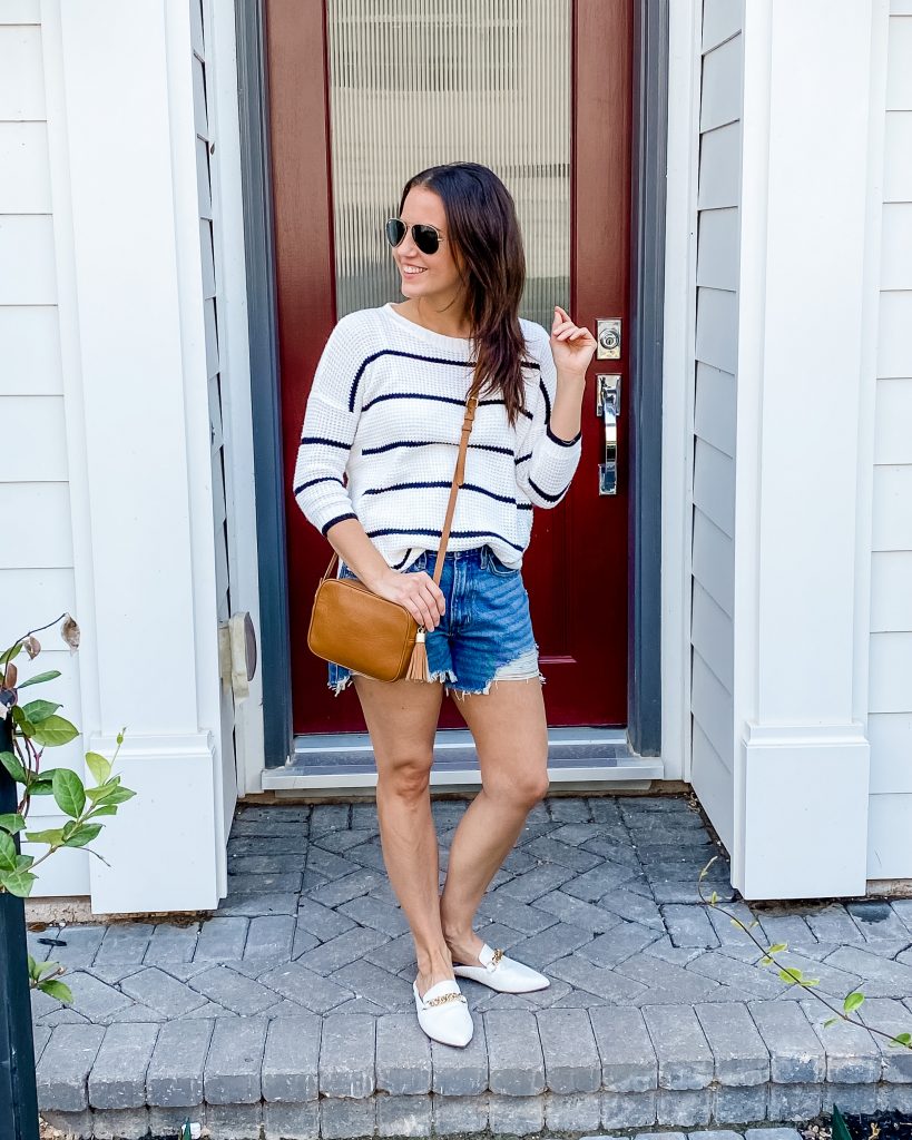 casual outfit | sweaters with shorts | white slides | Affordable Fashion Blog Lady in Violet