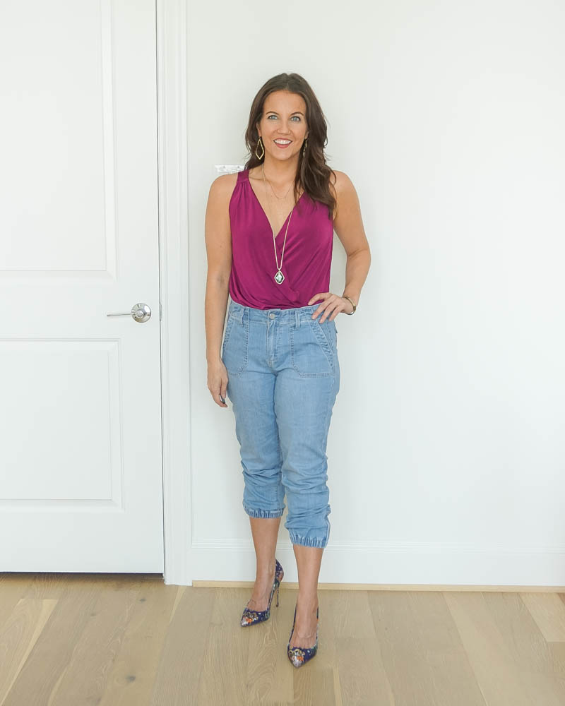date night outfit | pink body suit | jean joggers | Texas Fashion Blogger Lady in Violet