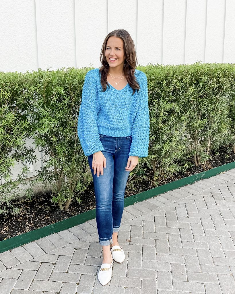 fall outfits | blue cropped sweater | white shoes | Casual Fashion Blog Lady in Violet