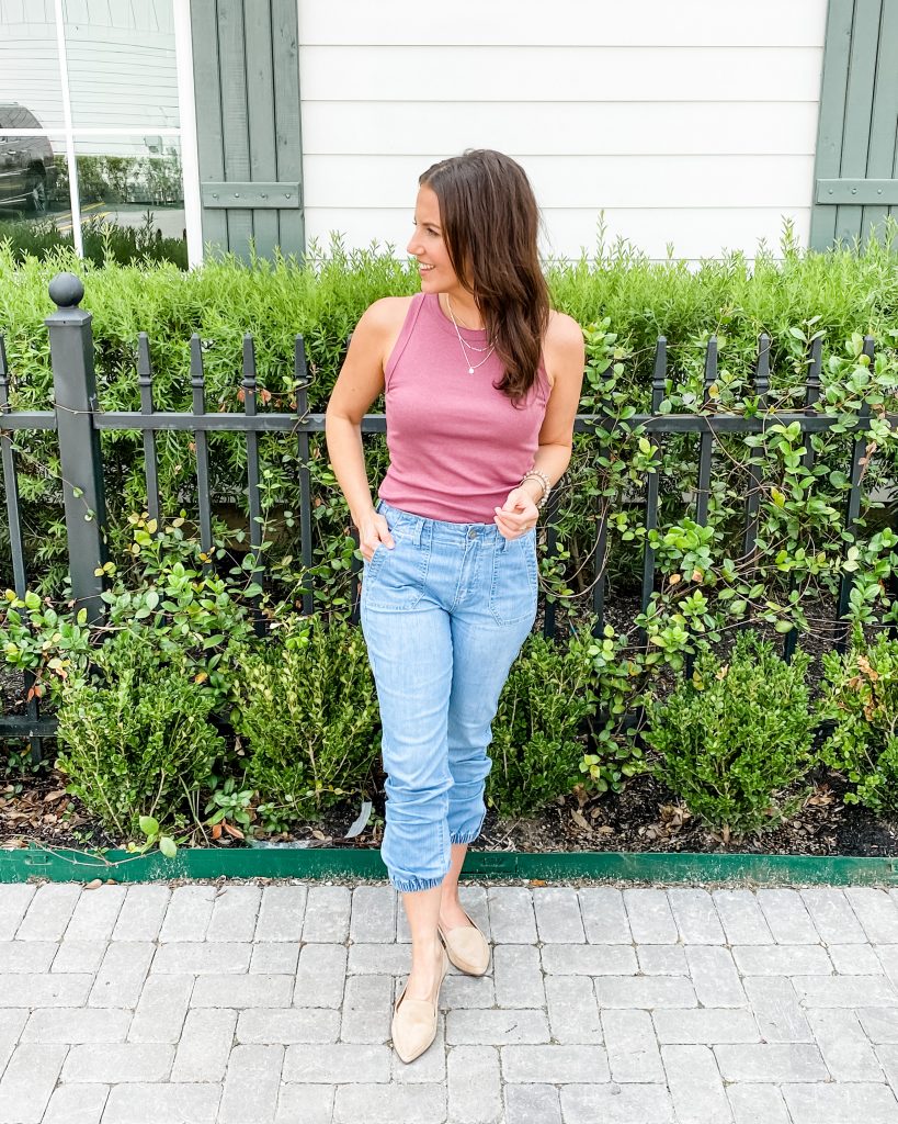 summer outfit | denim joggers | rose pink tank top | Petite Fashion Blogger Lady in Violet