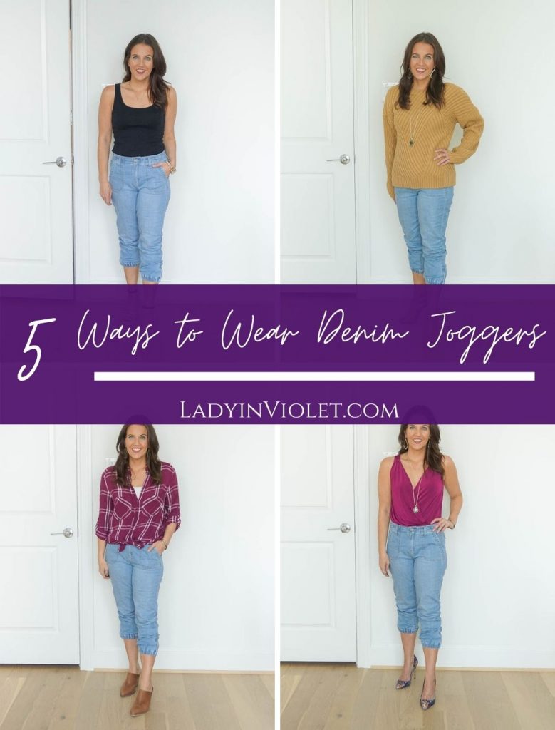 five ways to wear denim joggers | casual outfits | personal styling tips | Petite Fashion Blog Lady in Violet