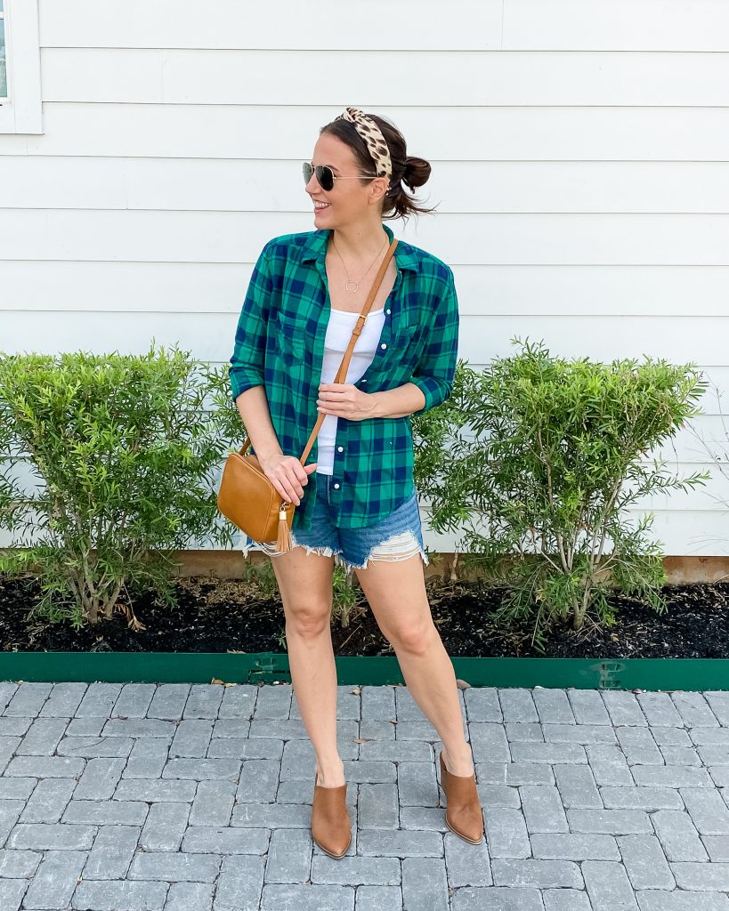 warm fall outfit | plaid shirt | cutoff jean shorts | Houston Fashion Blogger Lady in Violet