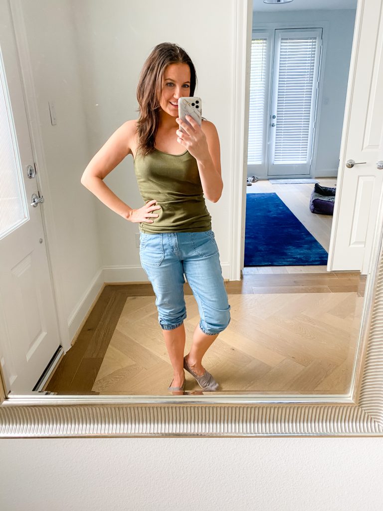 summer outfit | olive green tank top | denim joggers pants | Top US Fashion Blog Lady in Violet