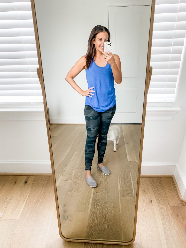 at home loungewear | blue tank top | gray camo leggings | Texas Lifestyle Blog Lady in Violet