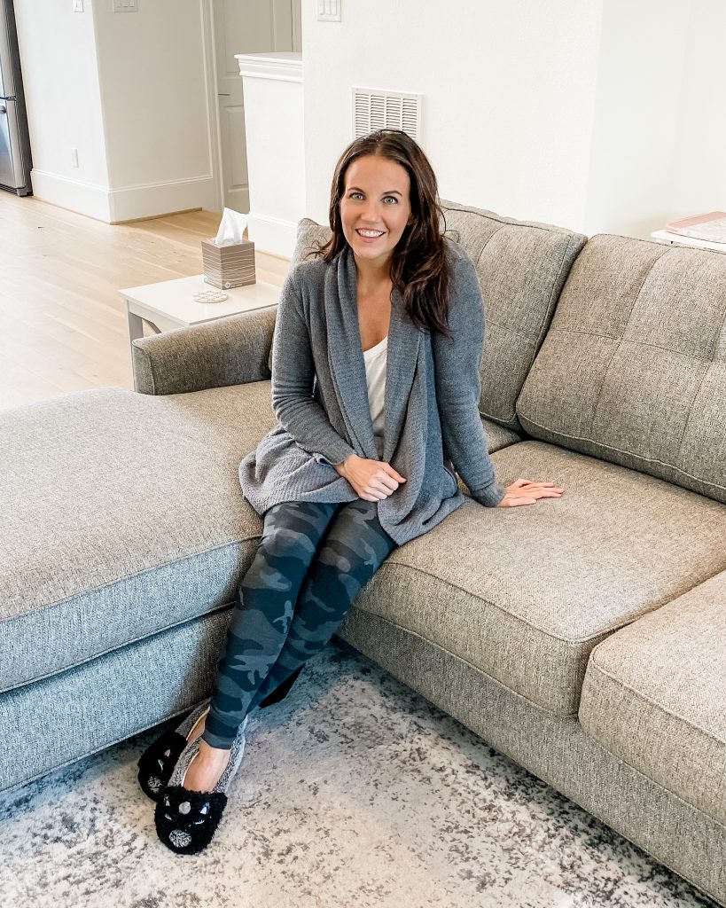 at home loungewear | gray cardigan | camo print leggings | Houston Lifestyle Blog Lady in violet