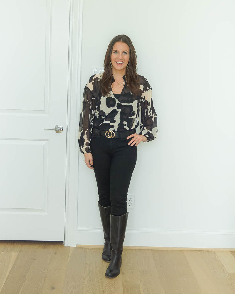 fall outfit | cow print top | black knee high boots | Petite Fashion Blogger Lady in Violet