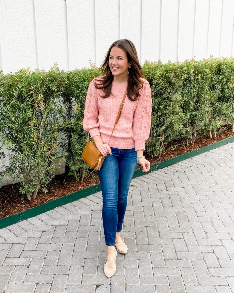 fall outfit | pink sweater | tan loafers | petite fashion blog lady in violet