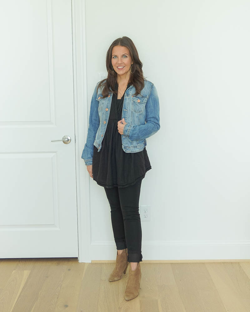 all black outfit | blue jean jacket | booties | Texas Fashion Blog Lady in Violet